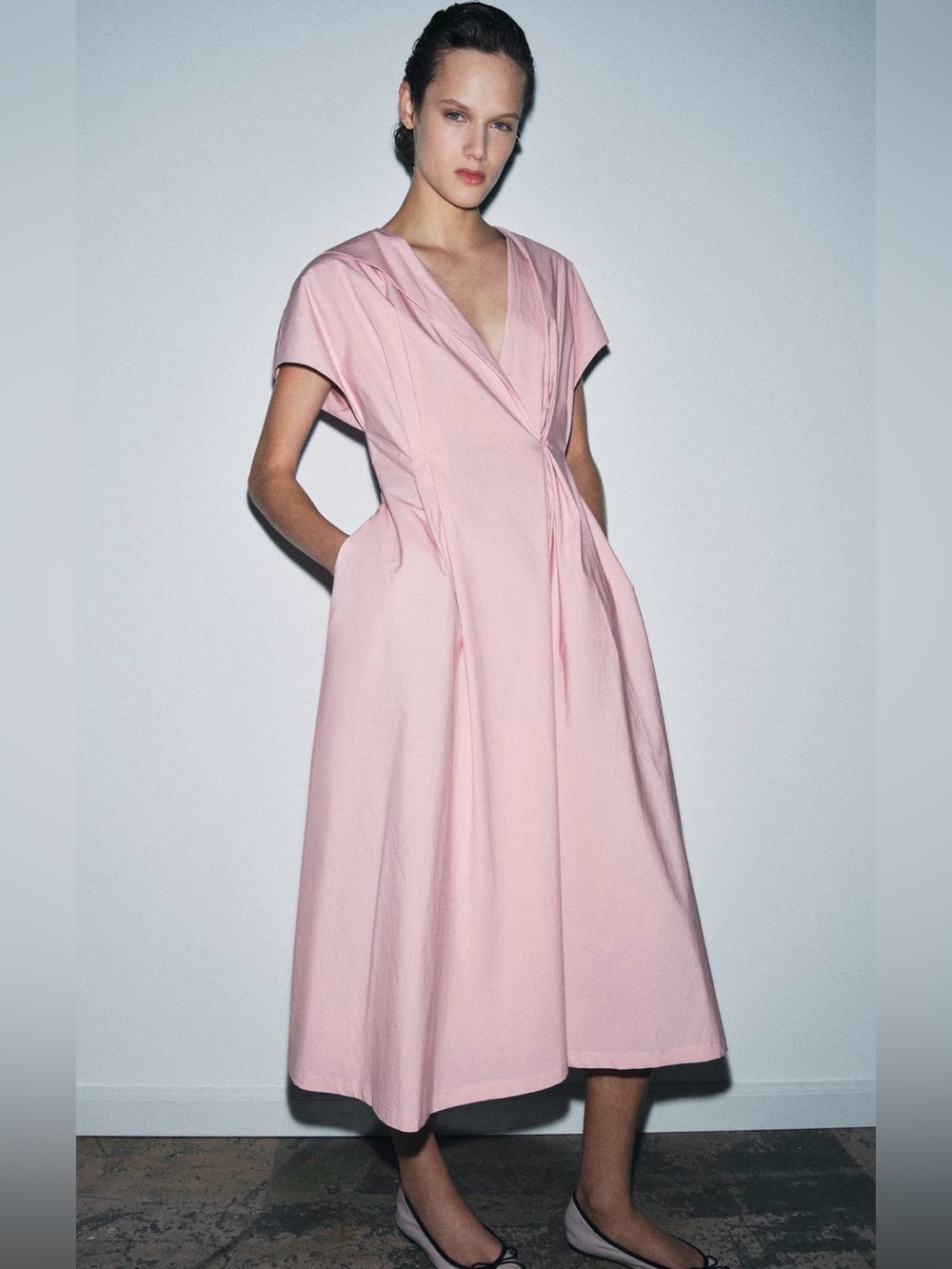NWT Zara Women’s Poplin Pink Wrap-Front Midi Dress Medium Flared Hem 8705/251
